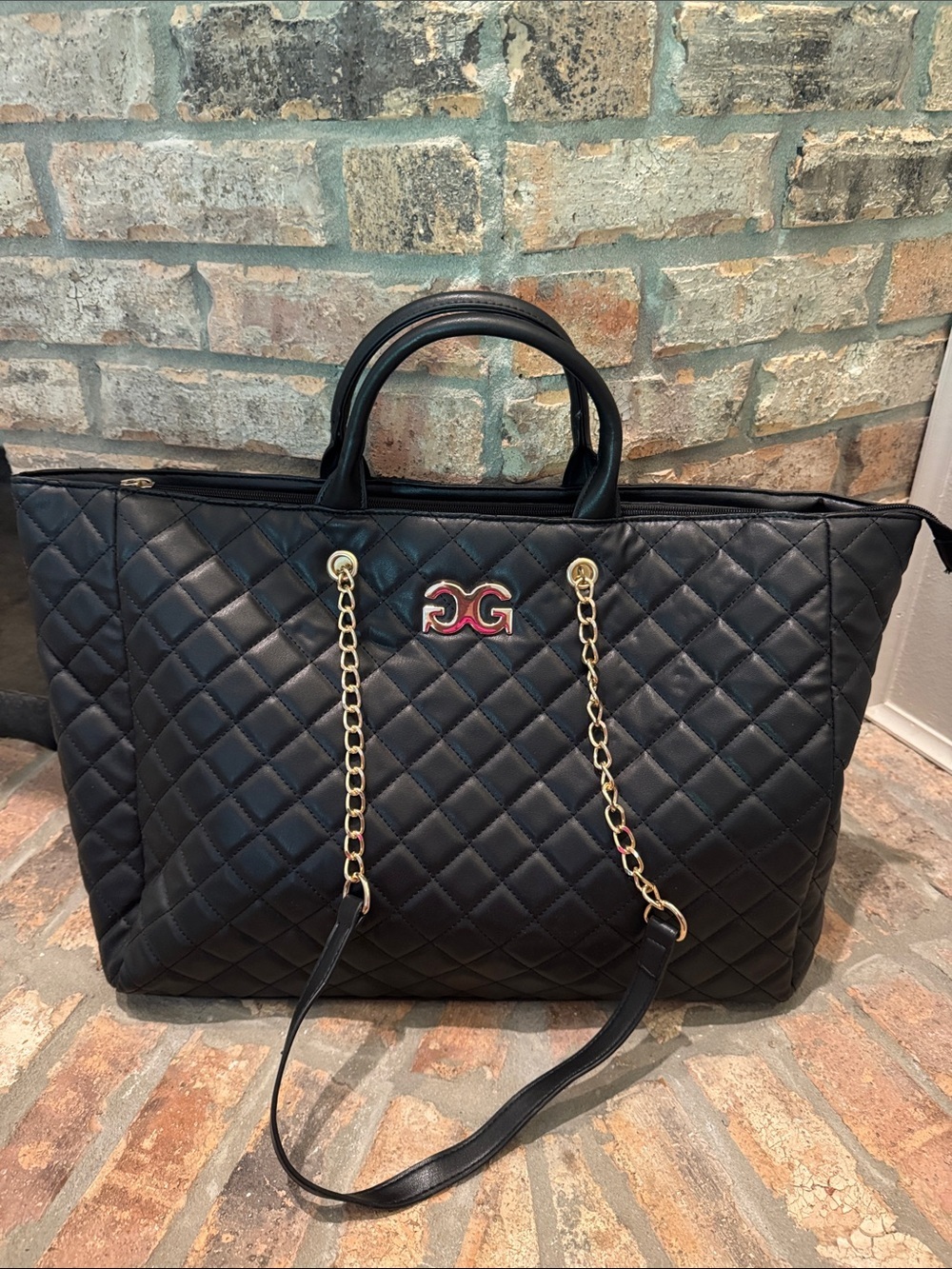 GILDA PARIS  Large  Quilted Black Tote Bag with Gold Chain Handles